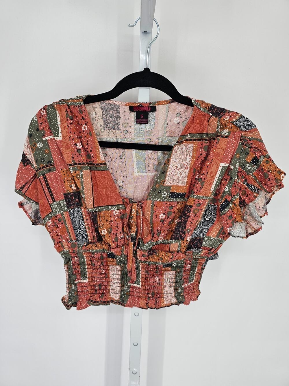 Rock & Roll Denim Womens Sz S Cropped Boho Top Smocked Patchwork Print